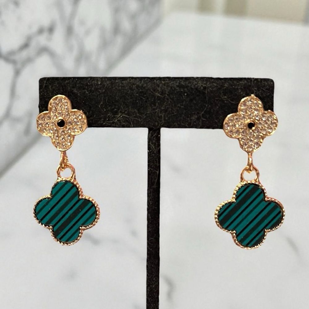 Designer Inspired Elegant Green Clover Crystal Gold Tone Dangle Earrings